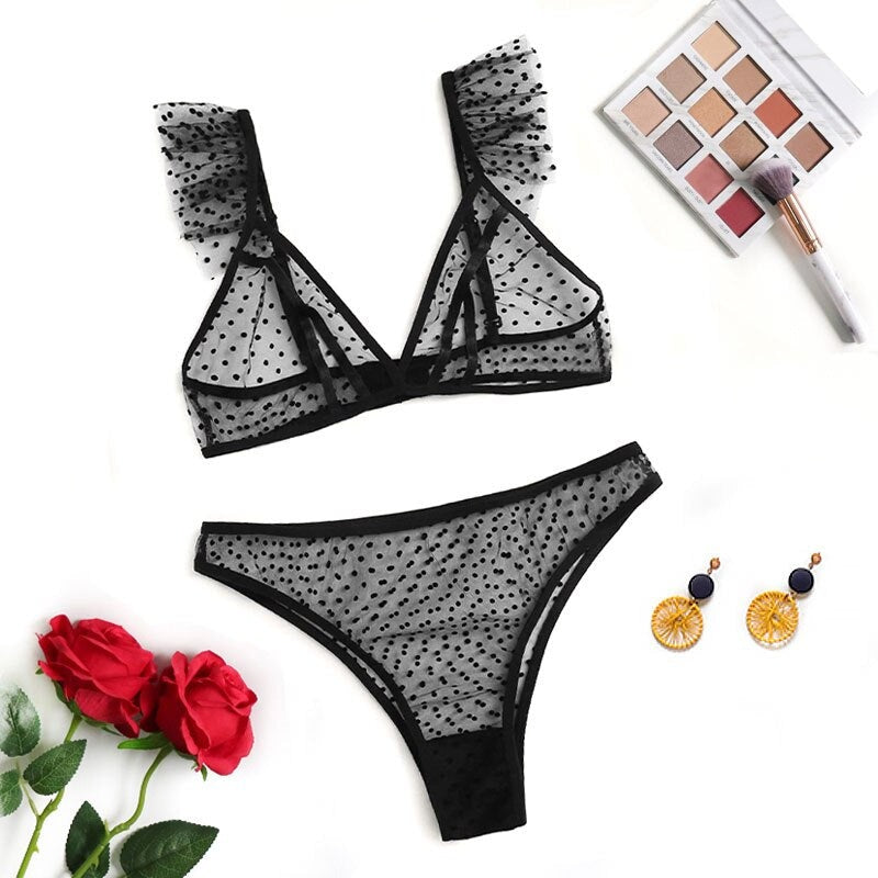 Polka Dot Mesh Lace-Strap Bra and Panties Set