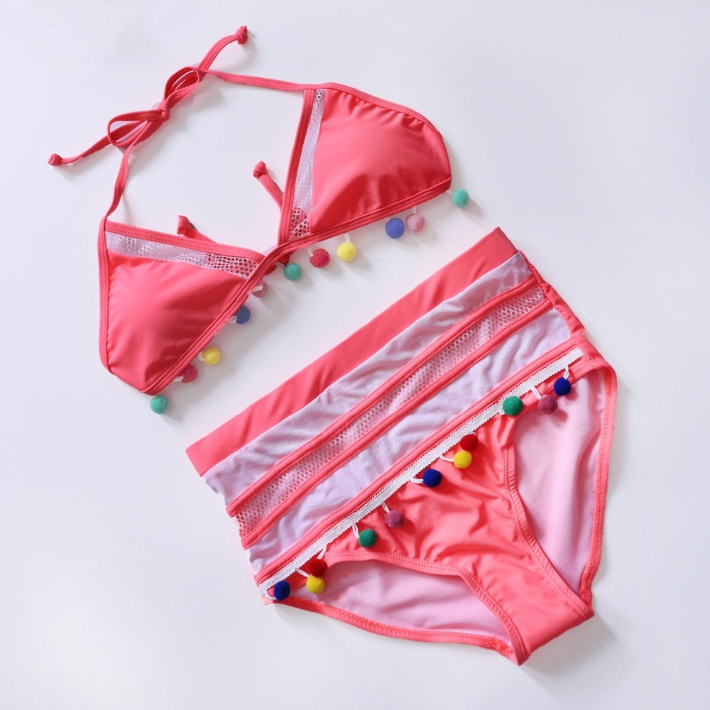 Pom-Pom Trim Figure-Enhancing Two-Piece Swimsuit