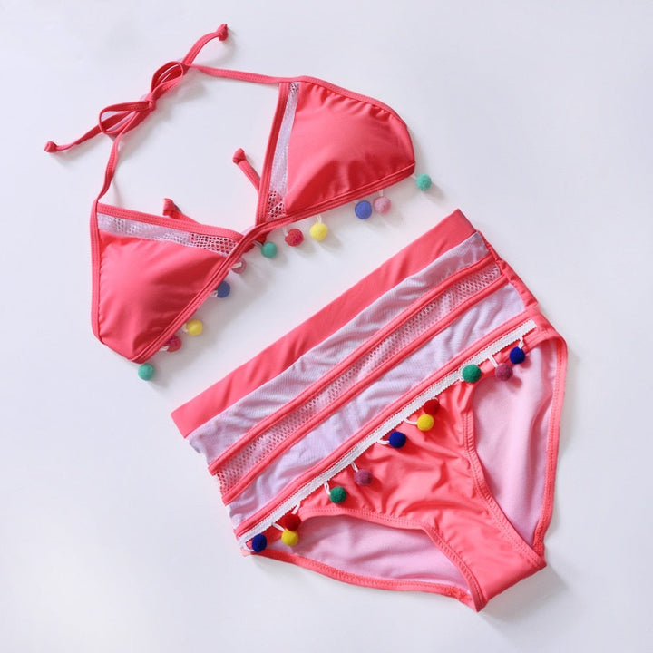 Pom-Pom Trim Figure-Enhancing Two-Piece Swimsuit