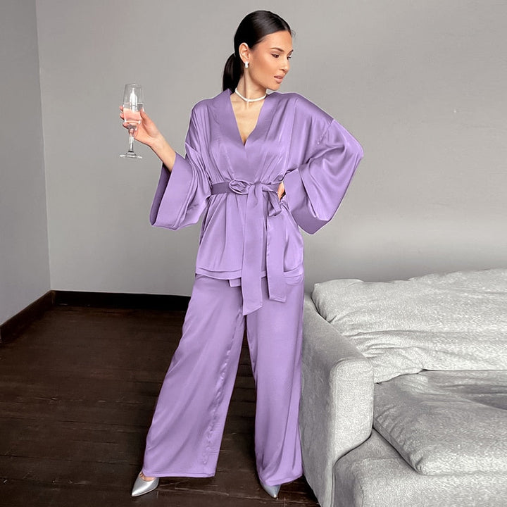 Long Satin Shirt and Pants Pyjama Set