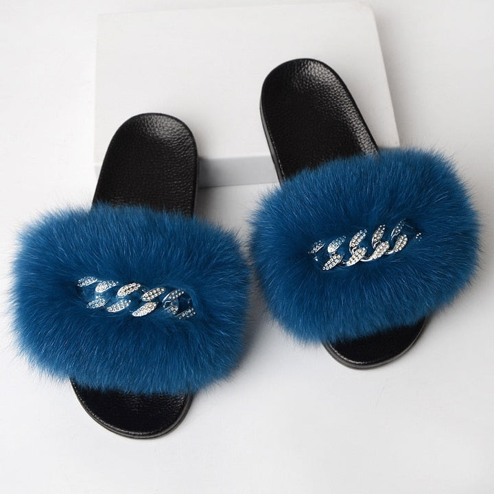 Faux Fur Slippers with Decorative Chain