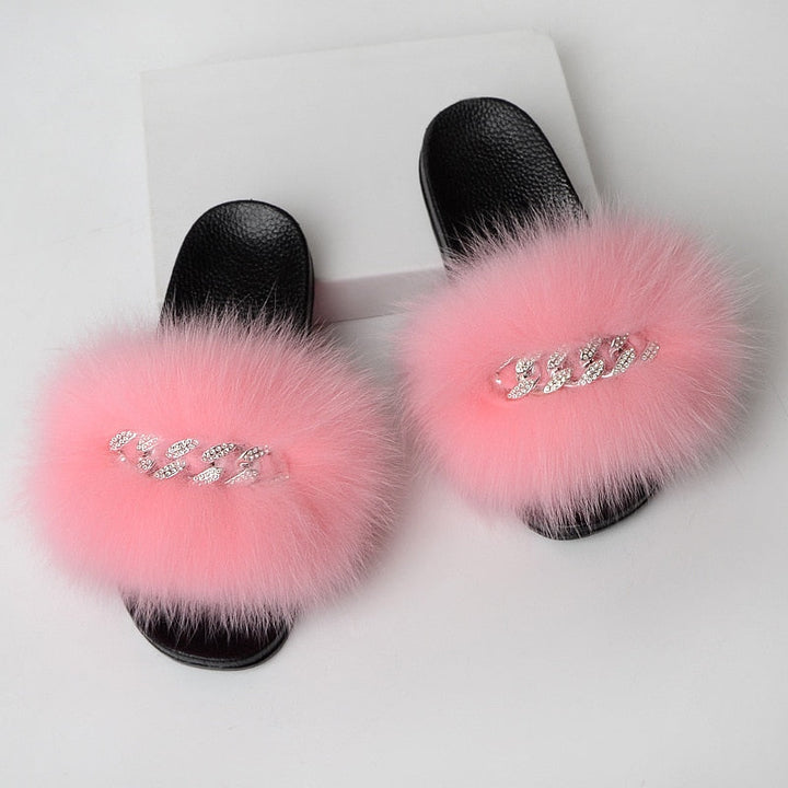 Faux Fur Slippers with Decorative Chain
