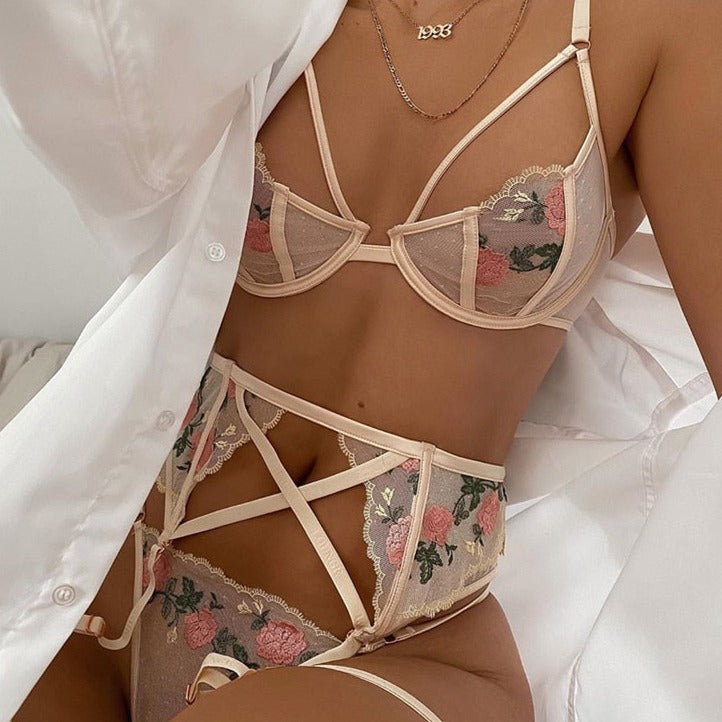 Floral Embroidered Mesh Bra Garter Panties Set