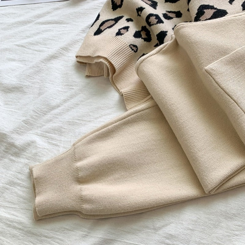 Leopard Print Warm Sweater and Pants Homewear Set