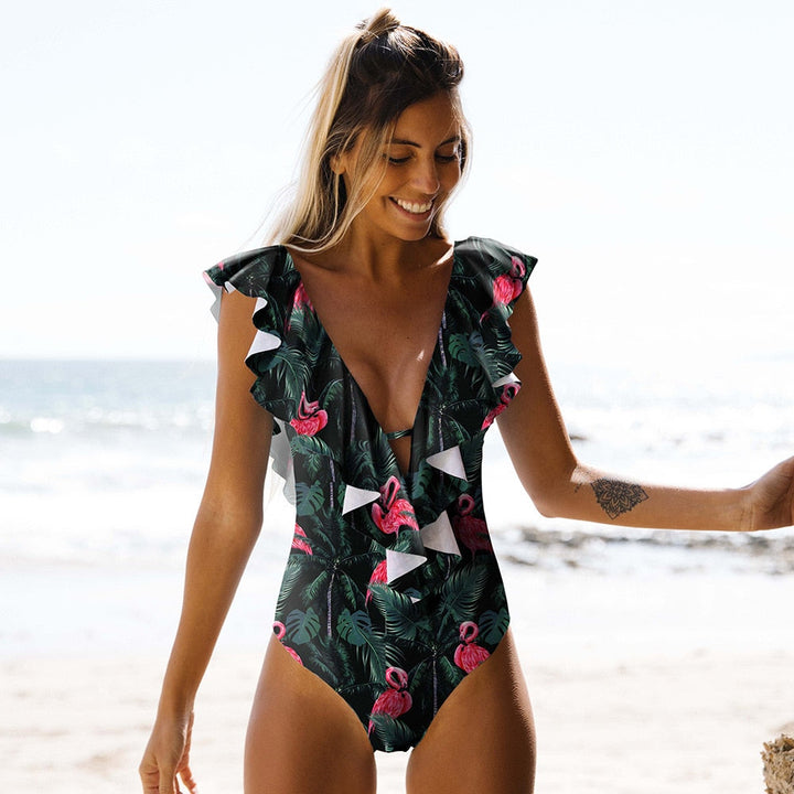 Patterned Ruffle Figure-Enhancing One-Piece Swimsuit