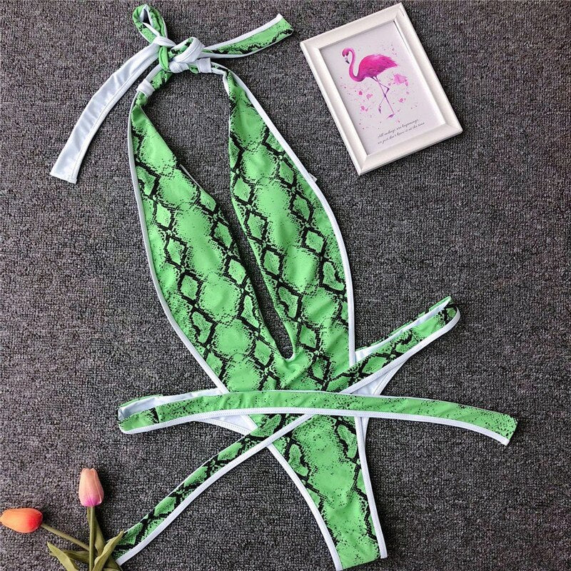 Deep-Neckline Multi-Pattern One-Piece Swimsuit