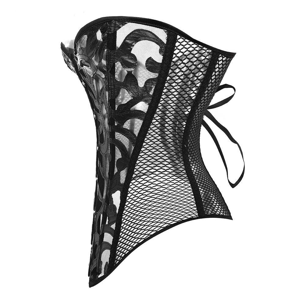 Floral Motif Mesh-Trim Evening Corset Polyester Spandex
