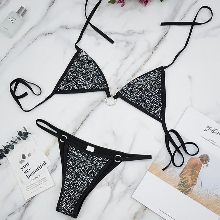 Plunge-Neck Bikini with Crystal Embellishment Back-Tie