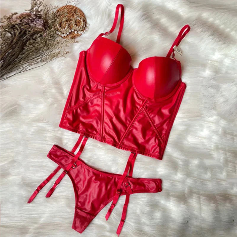 Leather Stocking-Strap Corset and Thong Set