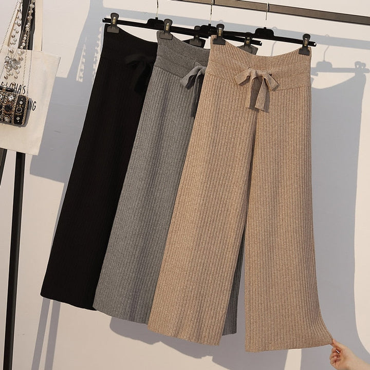 Ribbed Knit Straight-Leg Tie-Waist Soft Pants