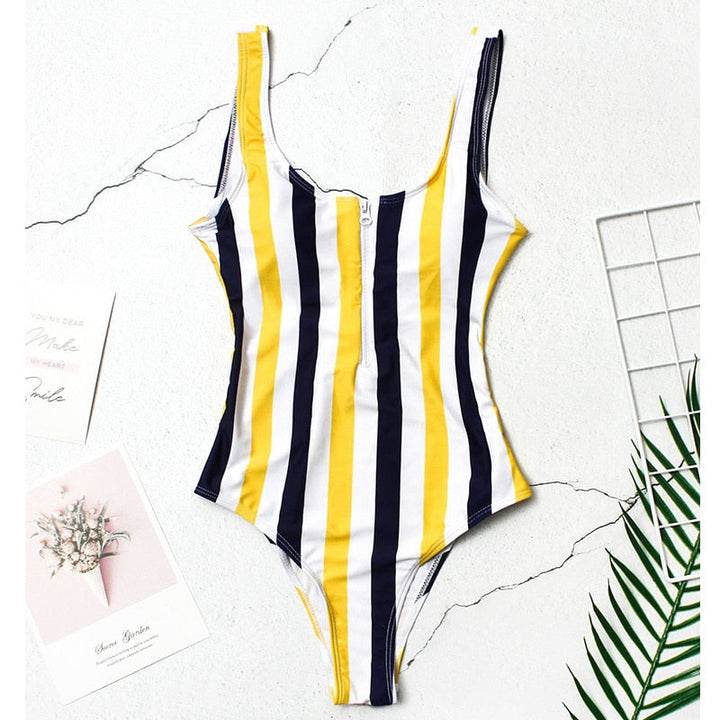 Zip-Neckline Multi-Pattern One-Piece Swimsuit