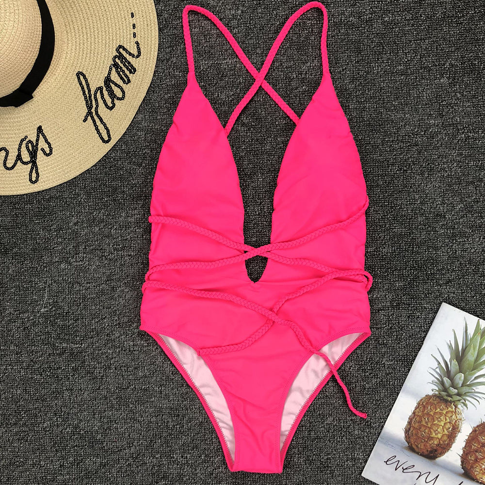 Plunge-Neck One-Piece Swimsuit Decorative Cord Detail