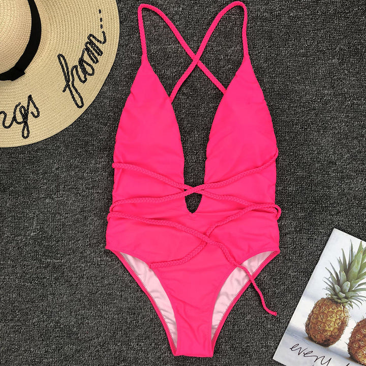 Plunge-Neck One-Piece Swimsuit Decorative Cord Detail