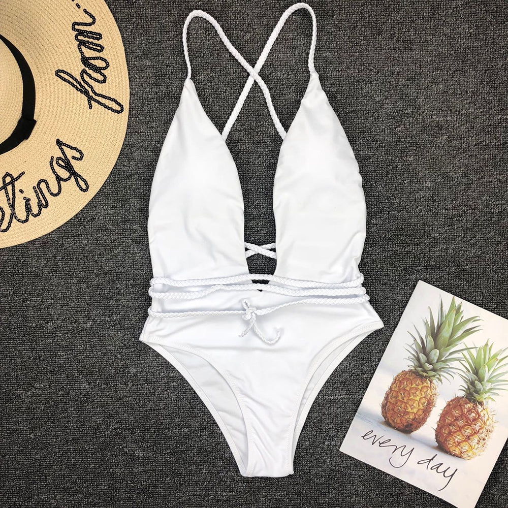 Plunge-Neck One-Piece Swimsuit Decorative Cord Detail