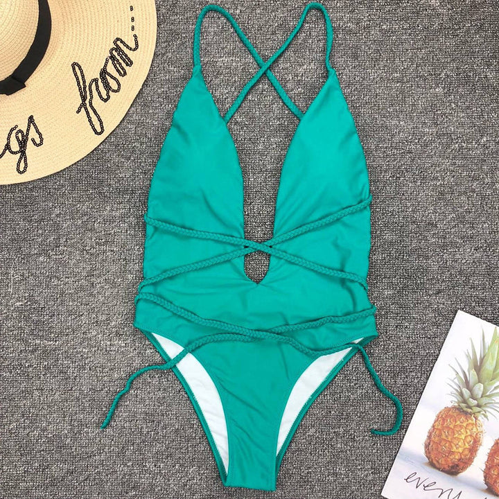 Plunge-Neck One-Piece Swimsuit Decorative Cord Detail