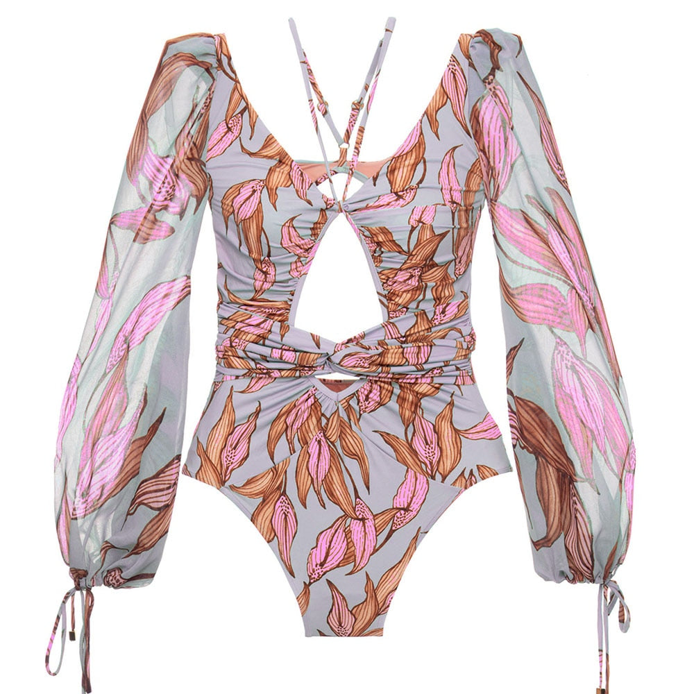 Boho Long-Sleeve One-Piece Swimsuit Waist Cut-Out
