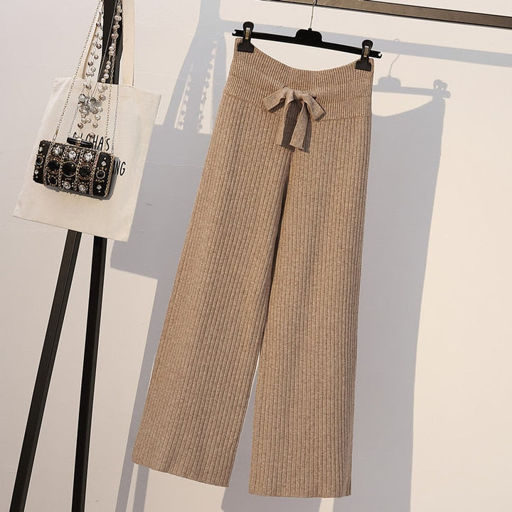 Ribbed Knit Straight-Leg Tie-Waist Soft Pants
