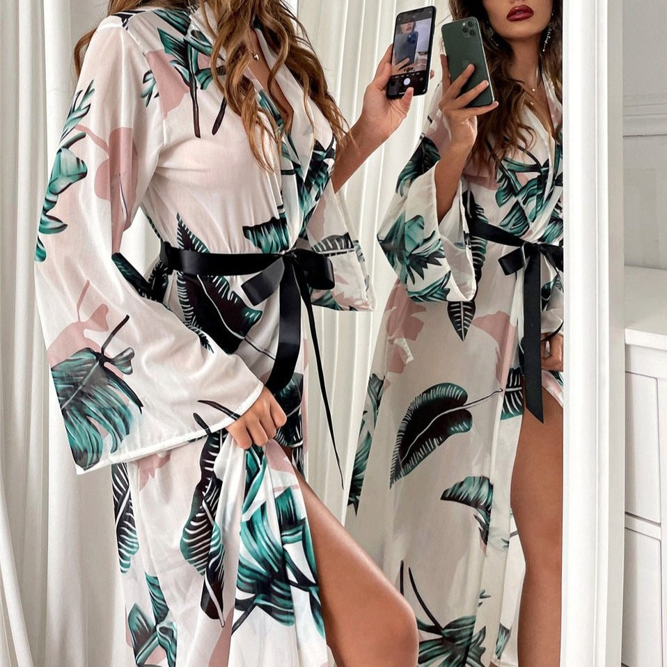 Long Patterned Tie-Front Loose-Sleeve Flattering Robe