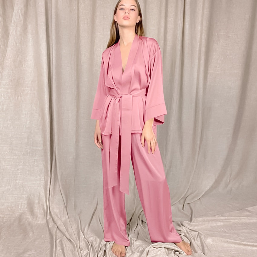 Long Satin Shirt and Pants Pyjama Set
