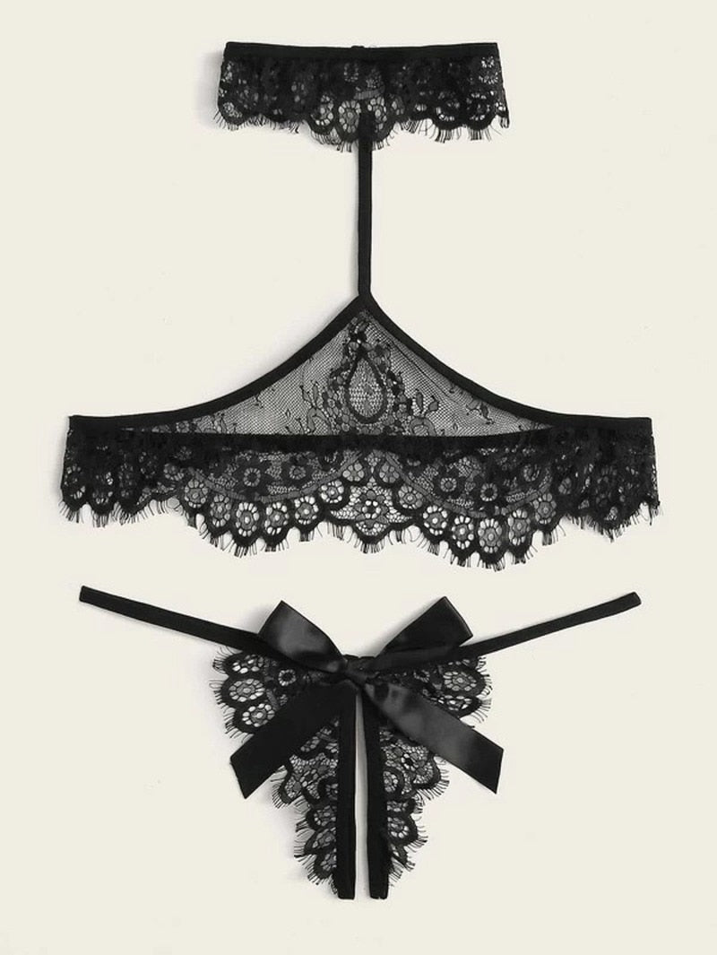 Lace Bra with Choker and Open-Crotch Panties Set