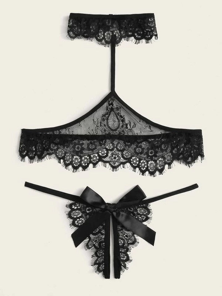 Lace Bra with Choker and Open-Crotch Panties Set