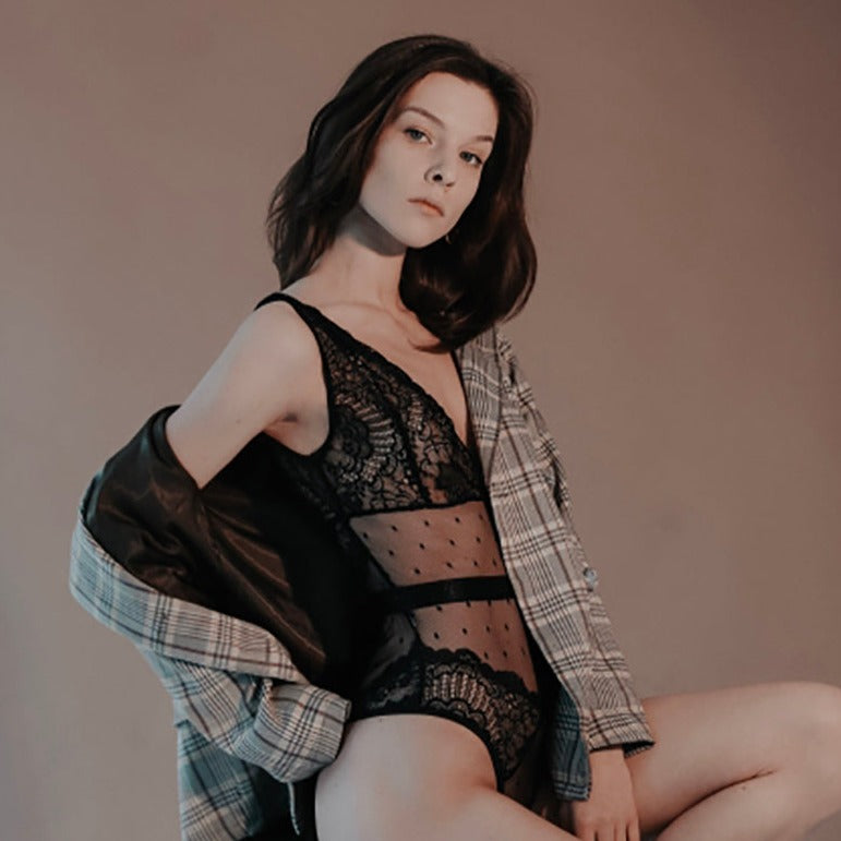 Lace Mesh Plunge Bodysuit