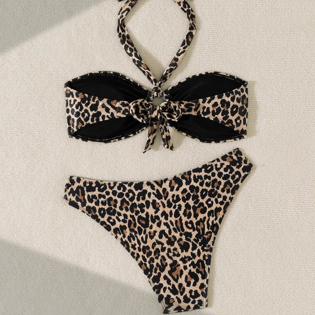 Bandeau Tie-Neck Metal Ring Bikini Set