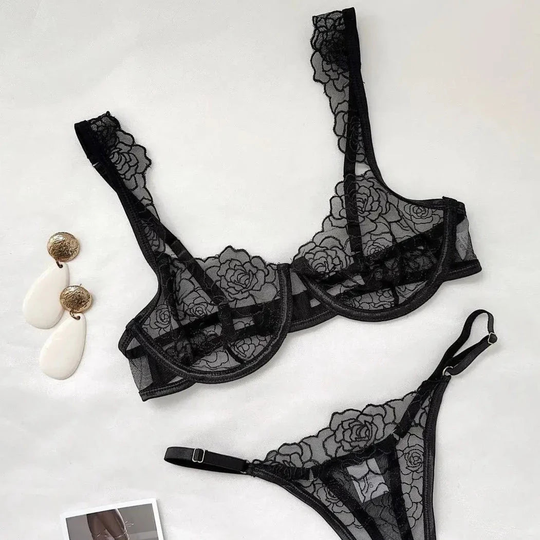 Rose Embroidered Underwire Thong Adjustable Set
