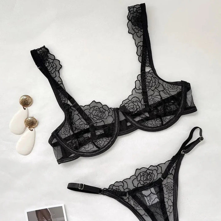 Rose Embroidered Underwire Thong Adjustable Set