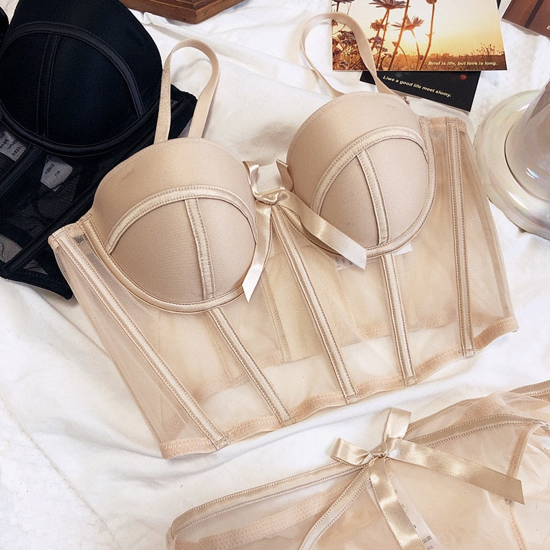Corset-Style Mesh Lingerie Set with Bows
