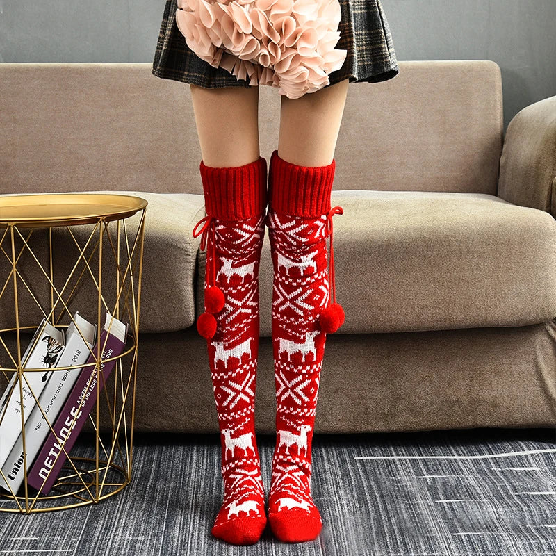 Christmas Pompom Over-the-Knee Winter Socks