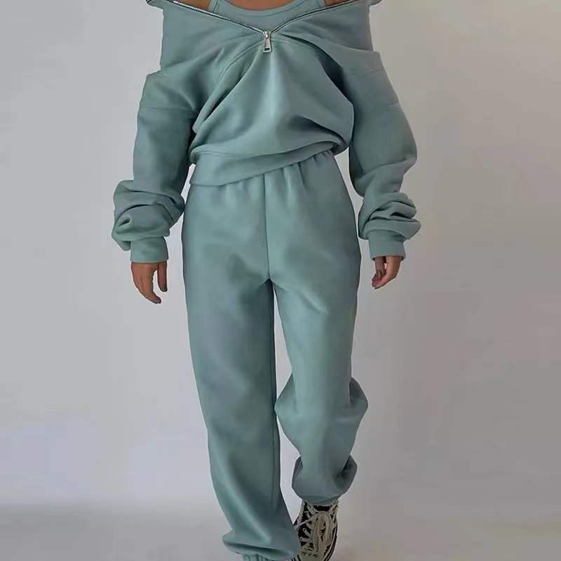Zip-Front Hoodie and Long Pants Warm Lounge Set