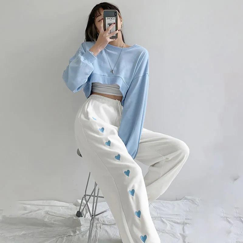 Heart Print Jogger Pants Tie Waist Pockets Cuffs
