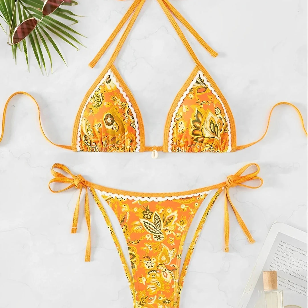 Floral Mosaic Tie Decorative Two-Piece Bikini