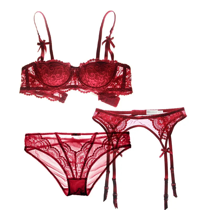 Lace Underwire Bra Panties and Garter Belt Set