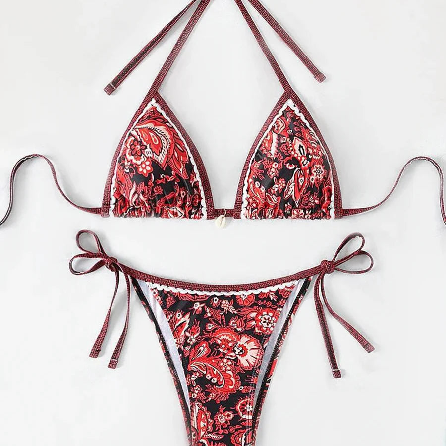Floral Mosaic Tie Decorative Two-Piece Bikini