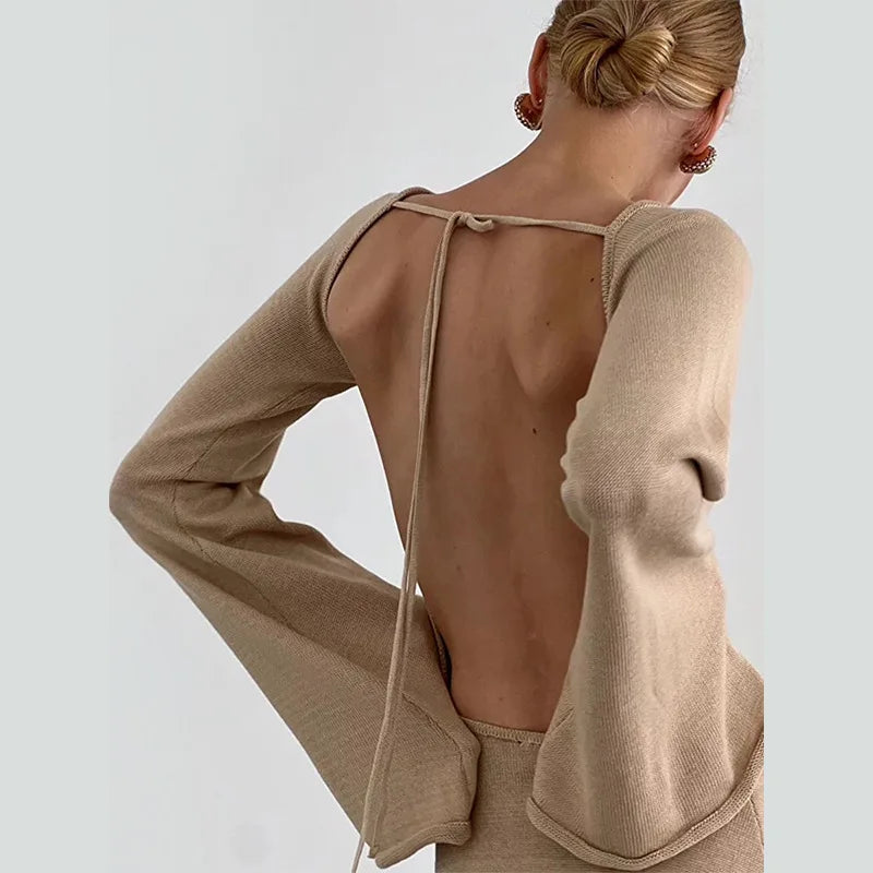 Feminine Open-Back Knit Beach Cover-Up Dress