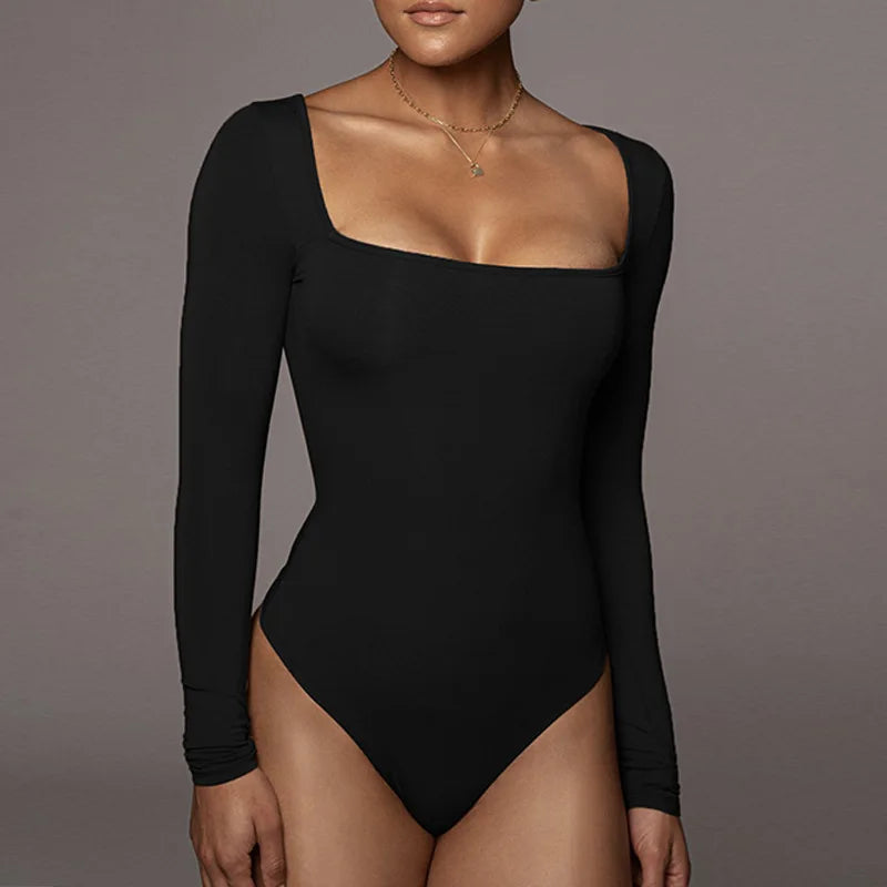 Smooth Square-Neck Long-Sleeve Snap-Closure Bodysuit