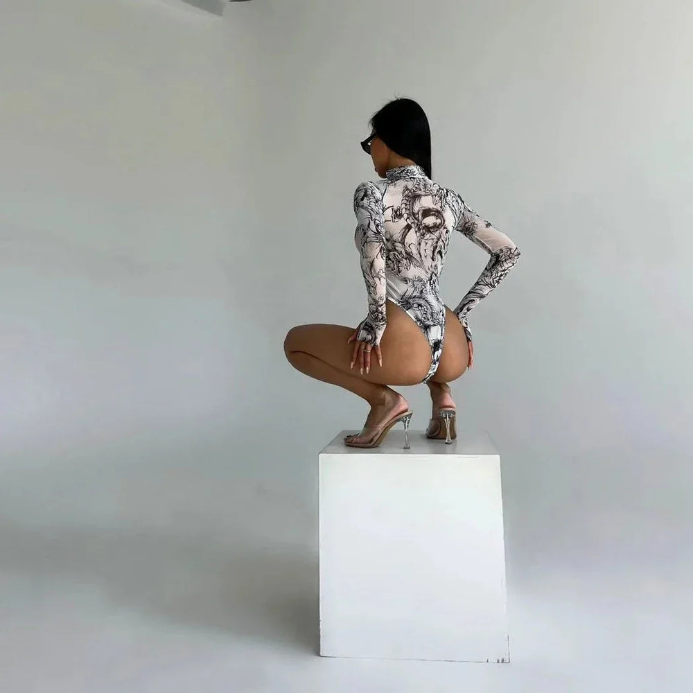 High-Leg Stand-Collar Long-Sleeve Printed Bodysuit