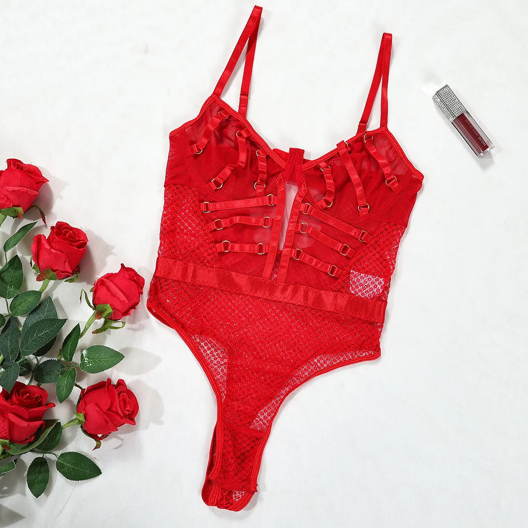 Mesh High-Leg Decorative Strap Bodysuit