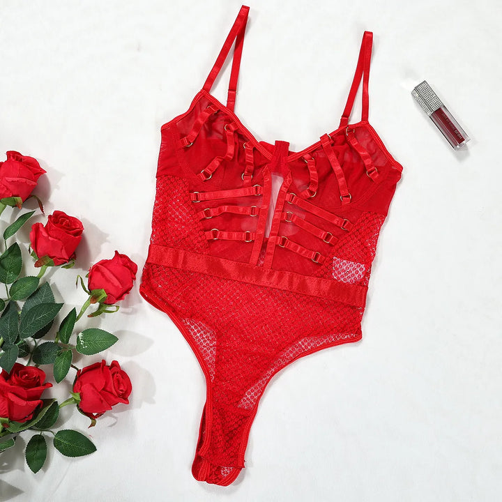 Mesh High-Leg Decorative Strap Bodysuit
