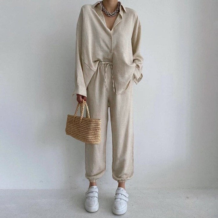 Cotton Button-Shirt Homewear Set Long Pants Soft