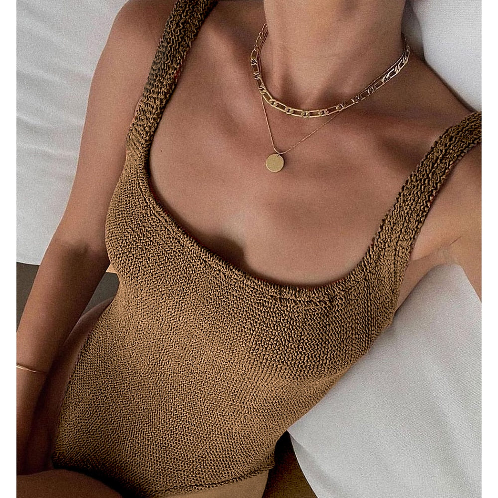 Ribbed One-Piece Swimsuit with Deep Back Cut