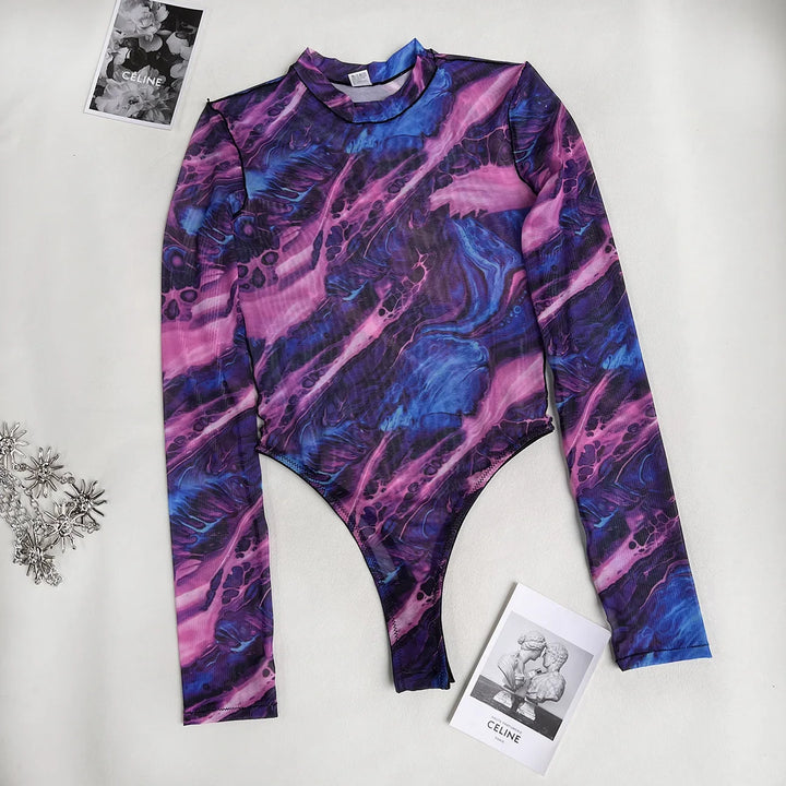 High-Leg Stand-Collar Long-Sleeve Printed Bodysuit