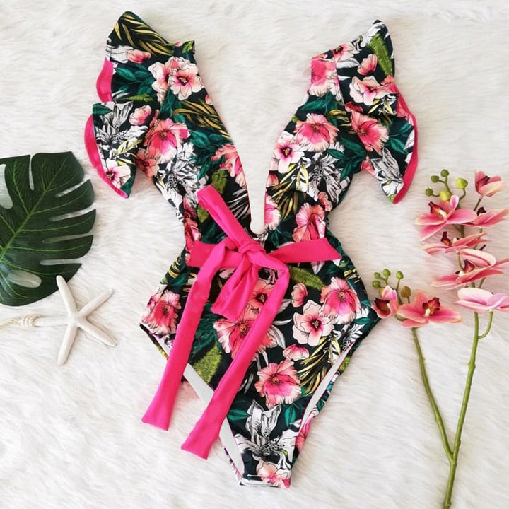 Plunge-Neck Ruffle-Strap Bow-Waist One-Piece Swimsuit