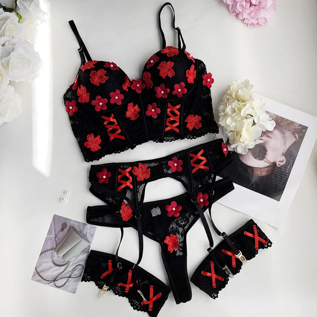 4-Piece Floral Bustier 3/4-Cup Thong Set