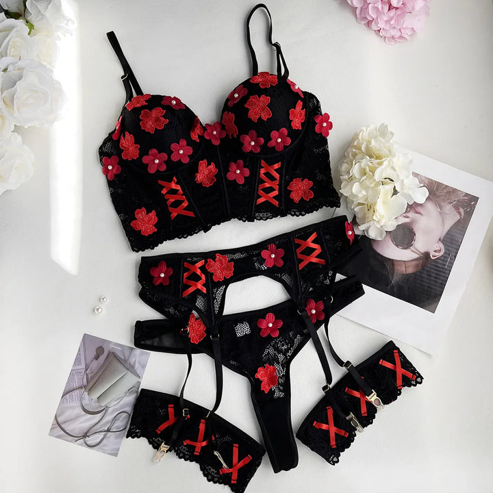 4-Piece Floral Bustier 3/4-Cup Thong Set