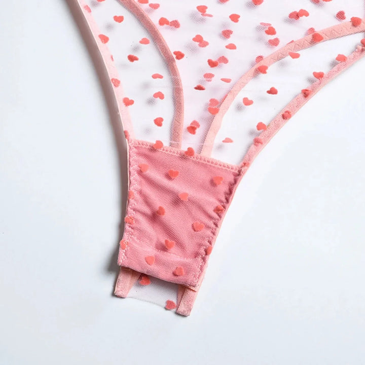 Mesh Heart Motif Thong-Style Bodysuit