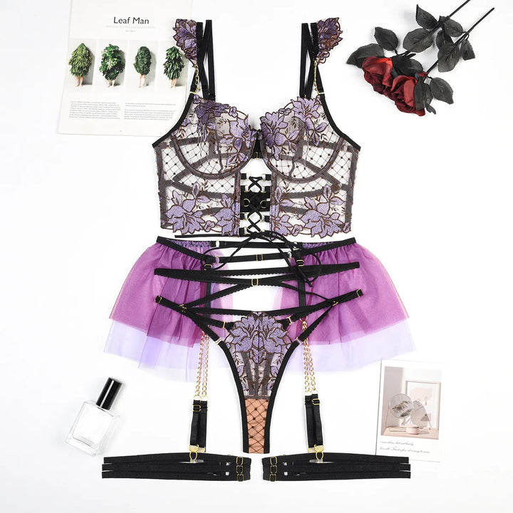 3-Piece Floral Bustier Thong and Garter Set