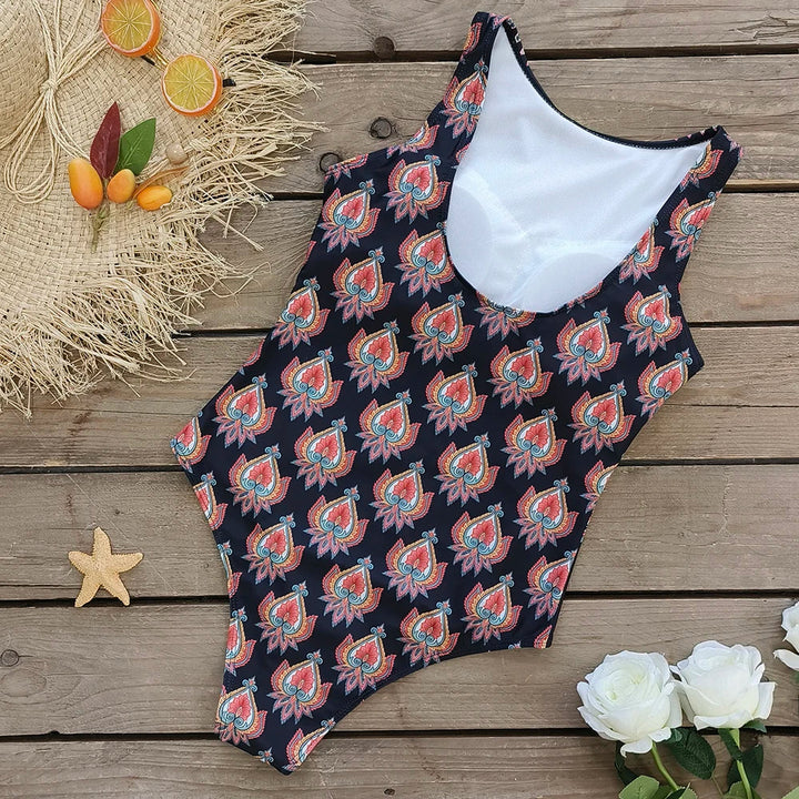 Oriental Print Stretch One-Piece Swimsuit